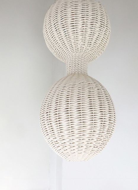 Sally England, Water Spheres. 2018. Cotton rope. 56" x 13.5" (27" D) 